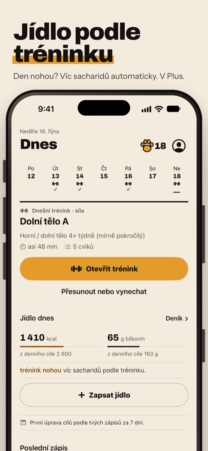 Forma: přehled dne s tréninkem a jídlem